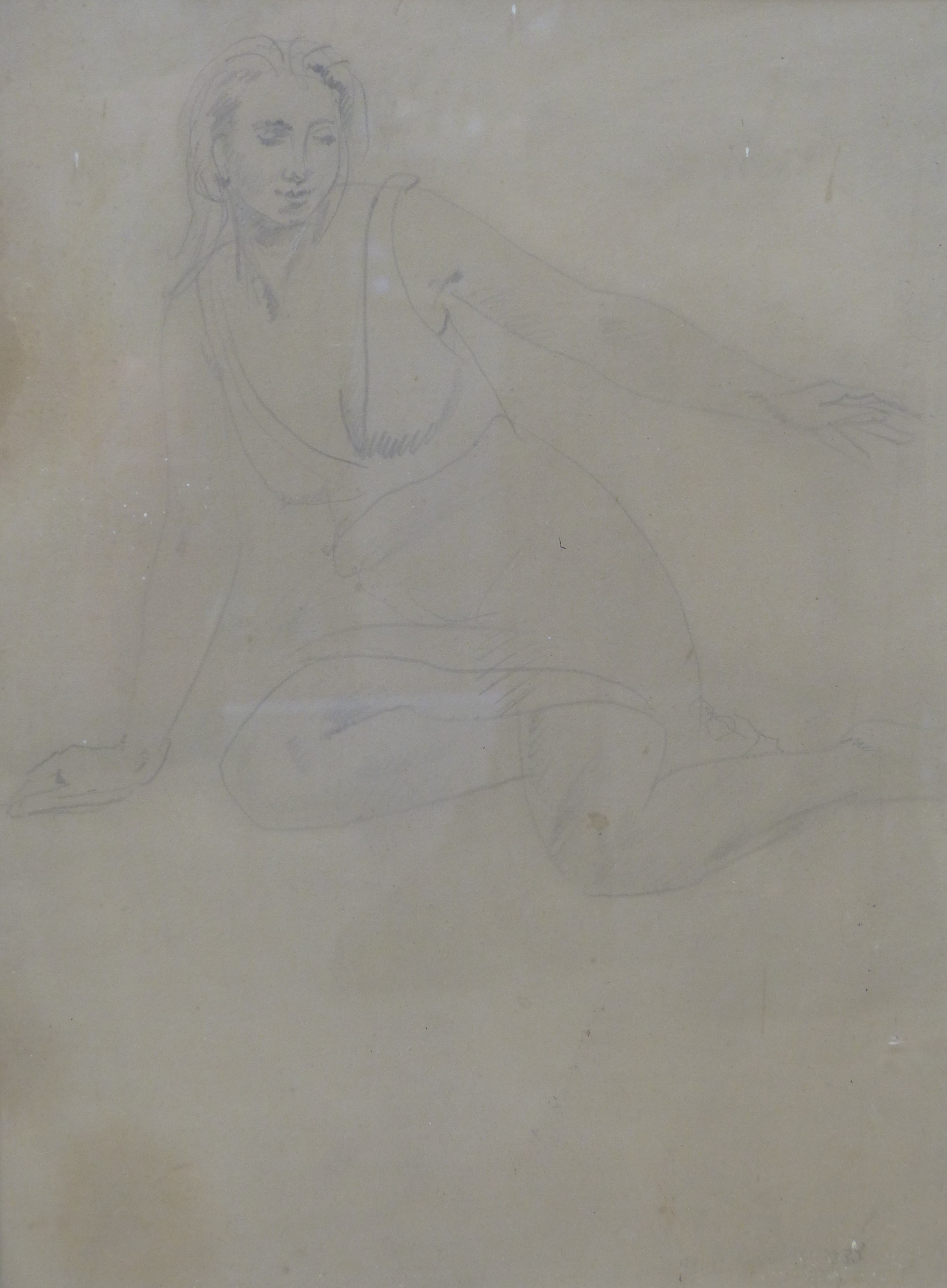 Dame Ethel Walker, pencil on buff paper, Study of a kneeling woman, signed and dated '33, 40 x 29cm